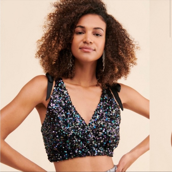 Free People Big Night Sequin Embellished Crop top bra in petrol - Picture 3 of 14